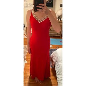 red maxi floor length prom dress